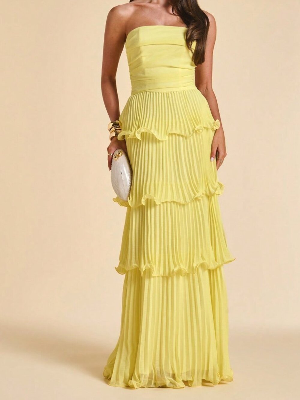 Yellow Elegant Ruffled Sleeveless A-Line Women's Dress - Picture 6 of 7